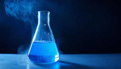 Glass Erlenmeyer flask with blue liquid. Chemical laboratory. Dark backdrop with smoke effect.