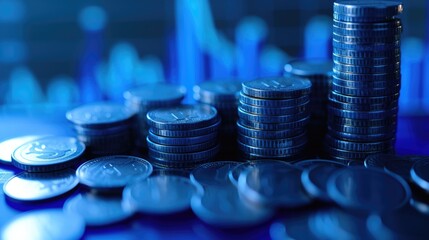 Stack of money coin and laptop computer with trading graph, financial investment concept with blue filter can be use as background