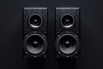 Fototapeta premium Two black speakers with dual woofers and tweeters, designed for audio playback.
