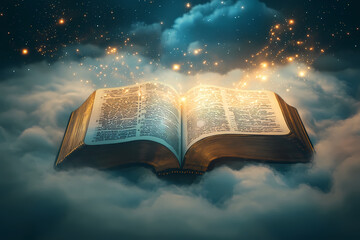 An open Bible floating in the sky amidst stars and clouds