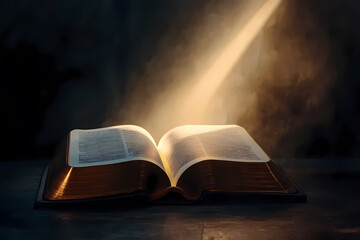 Open Bible Radiating Light, Symbolizing Enlightenment and Divine Guidance