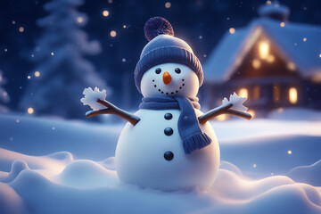 Fototapeta premium Snowman with winter landscape and snow high quality background