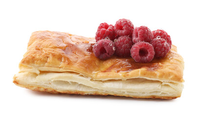 Tasty puff pastry with raspberries isolated on white