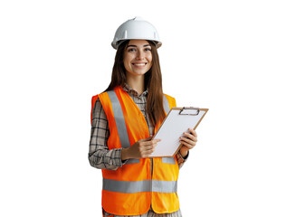 smiling female professional in white hard hat and uniform holding a clipboard, isolated