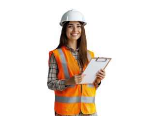 smiling female professional in white hard hat and uniform holding a clipboard, isolated