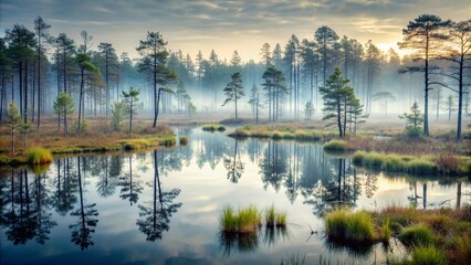 Fototapeta premium Panoramic view of misty swamp in moody forest with copy space, moody, misty, swamp, eerie, empty, desolate, tranquil