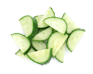 Pieces of fresh cucumbers isolated on white, top view