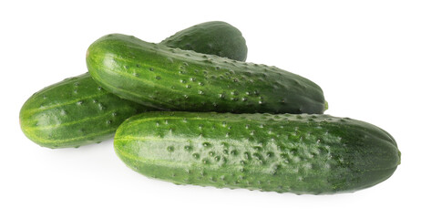 Three fresh green cucumbers isolated on white