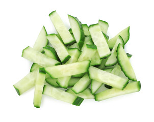 Pieces of fresh cucumbers isolated on white, top view