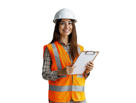 smiling female professional in white hard hat and uniform holding a clipboard, isolated