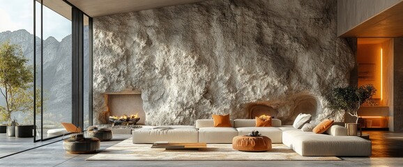 Natural Mountain Rock Wall As A Focal Point In A Contemporary Living Room