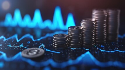 Stack of money coin and laptop computer with trading graph, financial investment concept with blue filter can be use as background