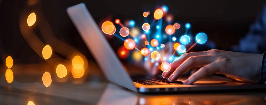 Person typing on laptop with colorful digital data and innovation concepts springing from the screen, symbolizing modern technology and creativity.