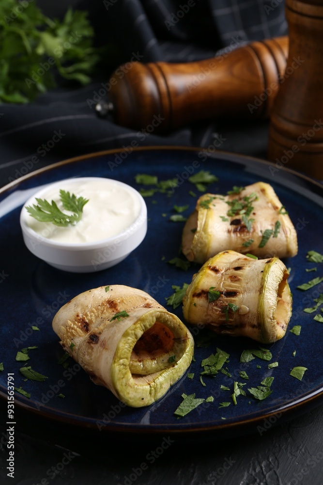 Canvas Prints tasty grilled zucchini slices served with sauce on table