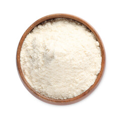 Fresh coconut flour in bowl isolated on white, top view
