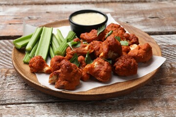 Baked cauliflower buffalo wings with celery and sauce on wooden table, closeup