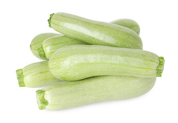 Many fresh ripe zucchinis isolated on white, above view