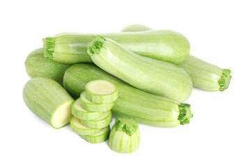 Fresh whole and cut zucchinis isolated on white