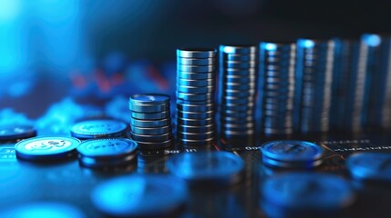 Stack of money coin and laptop computer with trading graph, financial investment concept with blue filter can be use as background