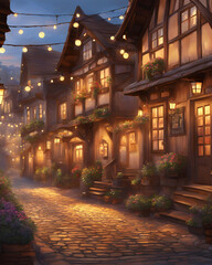 Fototapeta premium medieval city at night, medieval town, night cityscape, medieval marketplace, small merchant town, historical city night, medieval street scene, night in medieval village, medieval architecture, merch