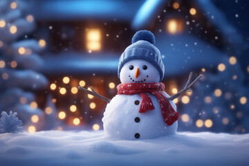Snowman with winter landscape and snow high quality background

