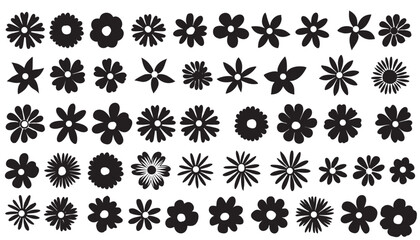 Set of black and white flowers icon silhouette isolated on white background. vector botany floral design.	
