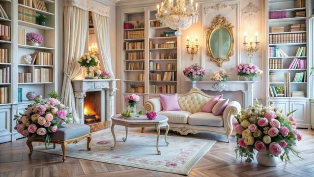 Softly lit space adorned with lace and pastel hues, inviting intimacy and fantasy, surrounded by delicate florals and plush textures, perfect for a gentle escape.