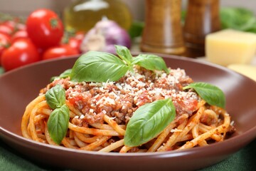 Delicious pasta bolognese with basil on table, closeup