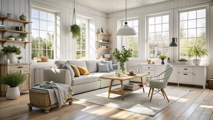 Fototapeta premium White-painted woods and light fabrics blend seamlessly with abundant natural light and plush textiles, creating a serene and inviting atmosphere.
