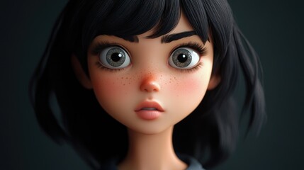 Fototapeta premium 3D cartoon portrait of a girl with grey eyes and dark hair
