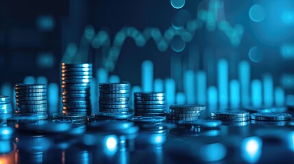 Stack of money coin and laptop computer with trading graph, financial investment concept with blue filter can be use as background