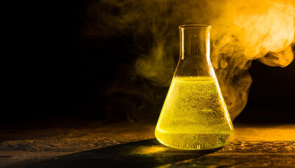 Glass Erlenmeyer flask with yellow liquid. Chemical laboratory. Dark backdrop with smoke effect.