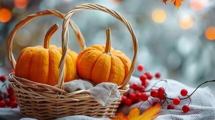 Autumn composition for Thanksgiving Day still life background Pumpkin harvest in basket vegetables patissons autumn leaves red berries on white kitchen table Fall decoration design Clo : Generative AI