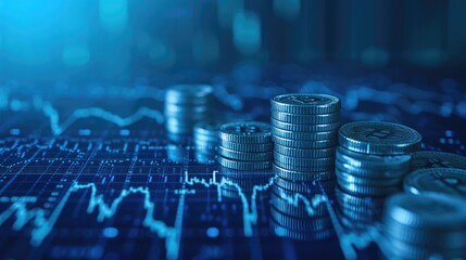 Stack of money coin and laptop computer with trading graph, financial investment concept with blue filter can be use as background
