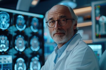 Fototapeta premium Experienced doctor analyzing brain scans in modern medical facility