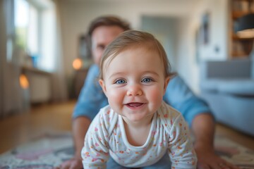 Adorable baby crawling on floor with parent in cozy home