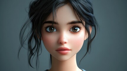 Fototapeta premium 3D Cartoon Portrait of a Beautiful Young Woman with Dark Hair