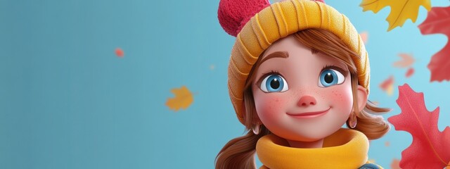 3D Cartoon Portrait of a Cheerful Young Girl in Autumn Fashion