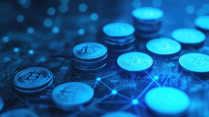 Stack of money coin and laptop computer with trading graph, financial investment concept with blue filter can be use as background