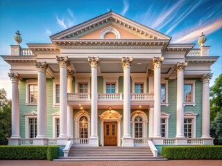 Symmetrical facades, pediments, and columns harmonize in soothing pastel hues, exuding dignified elegance with a stately presence that whispers refinement and tradition.