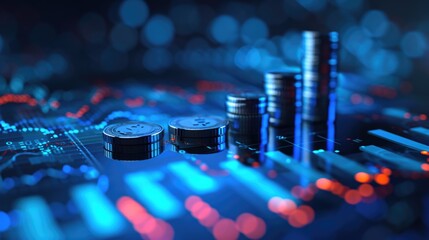 Stack of money coin and laptop computer with trading graph, financial investment concept with blue filter can be use as background