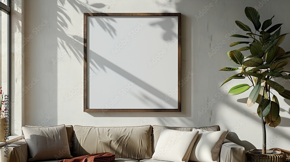 Poster blank picture frame mockup on a wall square orientation artwork template in interior design : genera