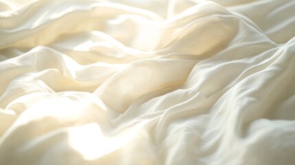 Detailed macro shot of crumpled white bedding fabric, with a focus on the natural wrinkles and soft texture, illuminated by gentle lighting to create a serene and calming background image.