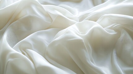 Detailed macro shot of crumpled white bedding fabric, with a focus on the natural wrinkles and soft texture, illuminated by gentle lighting to create a serene and calming background image.