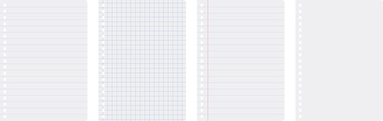 Set of blank notebook sheets in line, square and empty.  Blank notebook papers for homework and exercises. Paper from a workbook