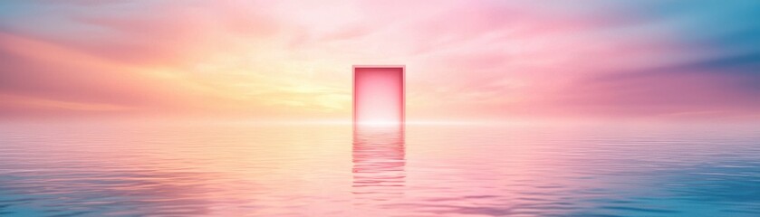 Fototapeta premium A surreal scene featuring a luminous door floating above calm waters, set against a pastel sunset sky.