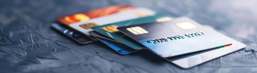Colorful credit cards stacked on a textured surface, symbolizing financial transactions and modern consumerism in a digital age.