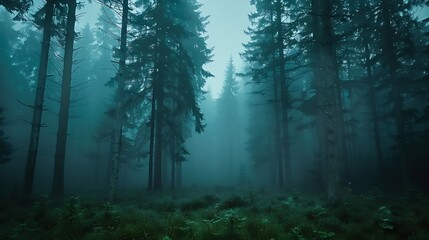 Misty forest with tall straight trees creating a mysterious and serene atmosphere : Generative AI