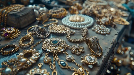 Fototapeta premium Scattering of different jewelry on a flea market counter : Generative AI