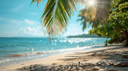 Fototapeta premium Beach sand background for summer vacation concept Nature of the beach and sea summer with sunlight sandy beach The sparkling sea water contrasts with the blue sky and coconut trees : Generative AI